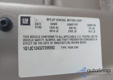 2002 Chevrolet Cavalier from USA, damaged, VIN 1G1JC124327296992